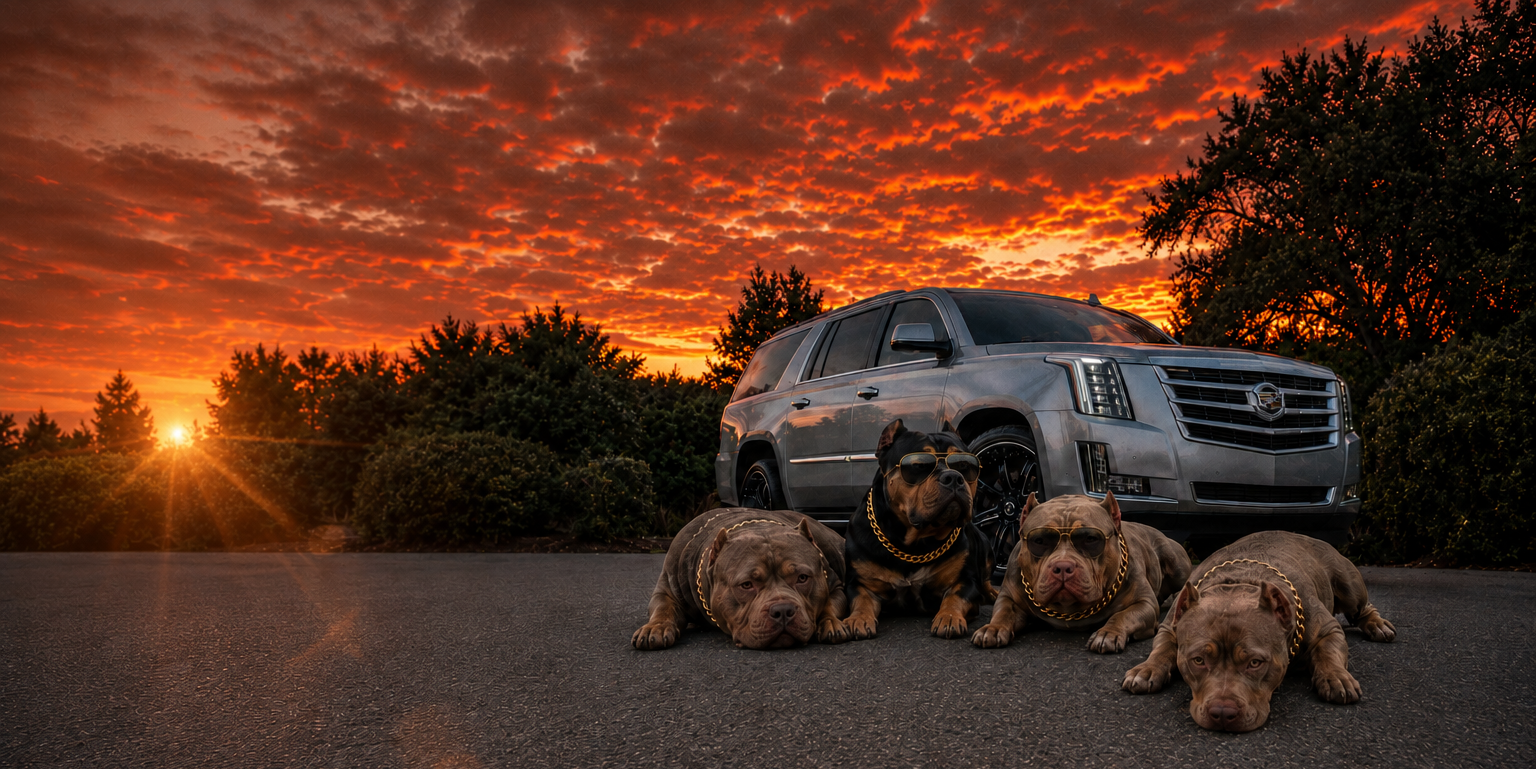 Certifiabullz American Bullies in front of a Cadillac Escalade at sunset
